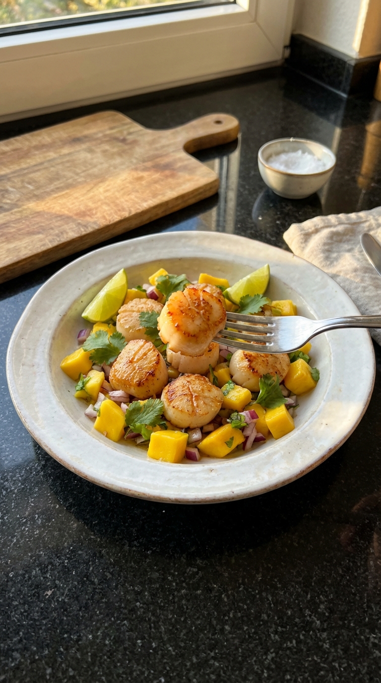 Gebratene Jakobsmuscheln mit Mango Salsa