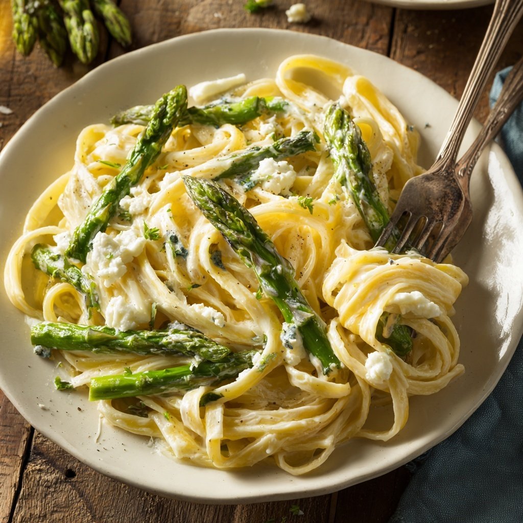 Spargel und Ziegenkäse Fettuccine