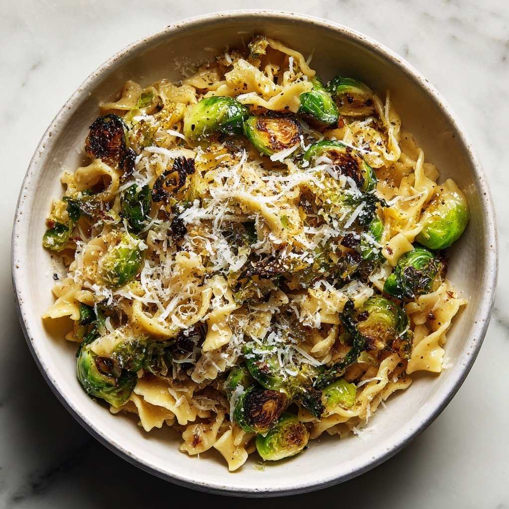 Pasta mit gebratenem Rosenkohl, Knoblauch und Parmesan​